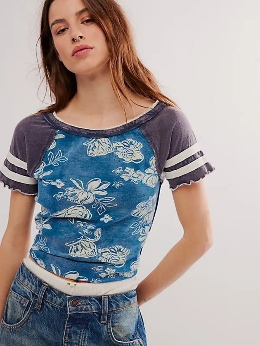 **NWOT$** FP x We The Free "Wish You Were Here"  Floral Ringer Tee.  Size L.